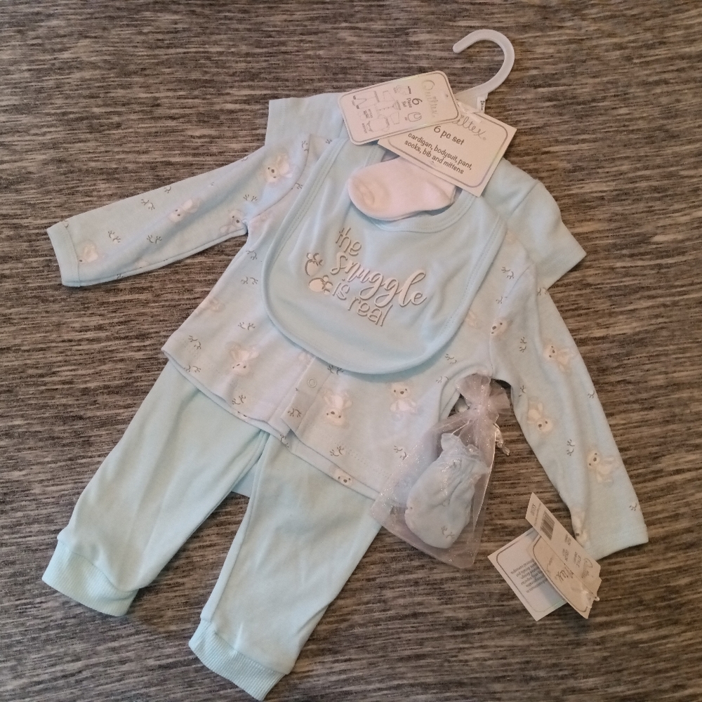 🆕Quiltex | "The Snuggle is Real" 6 Pc. Baby Boys Blue Layette Set Size 6-9 mos.